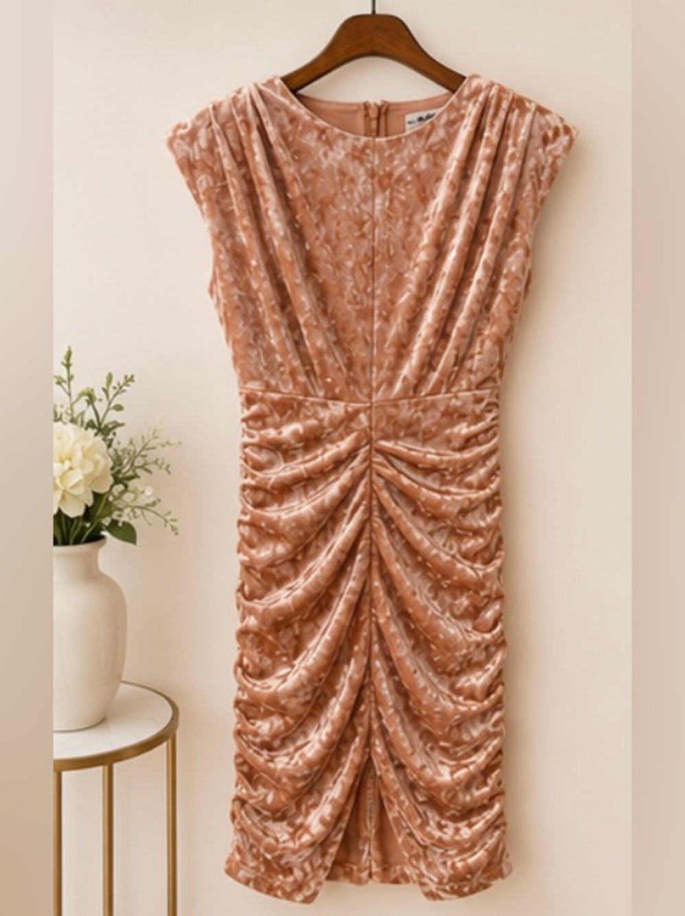 Guess Blush Pink Ruched Velvet Midi Dress